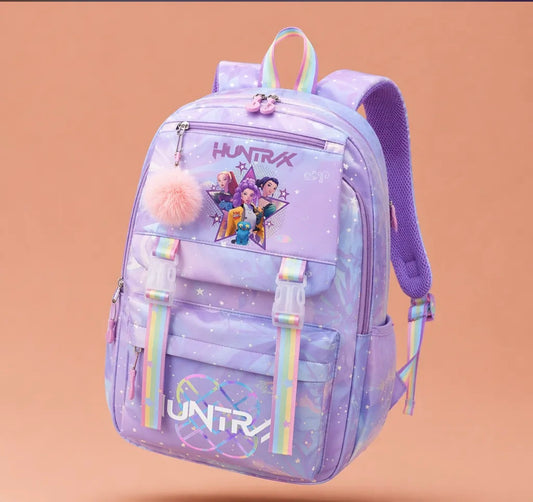 Demon Hunter K-Pop backpack for kids with HUNTR/X artwork, pastel finish and pom-pom charm