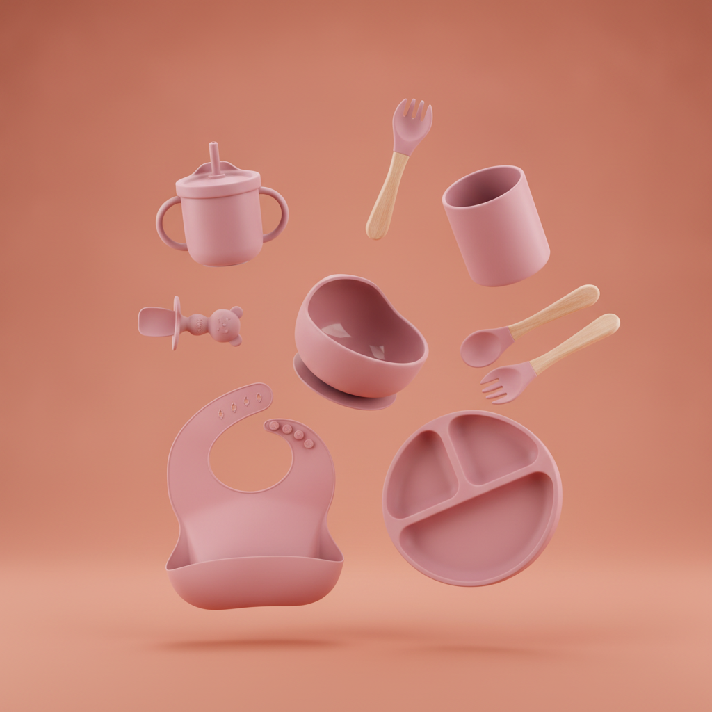 Baby Silicone Feeding Set with Bib, Plate, Bowl, and Utensils | Use the selected product image as the exact product identity and material reference, not as a composition to copy.