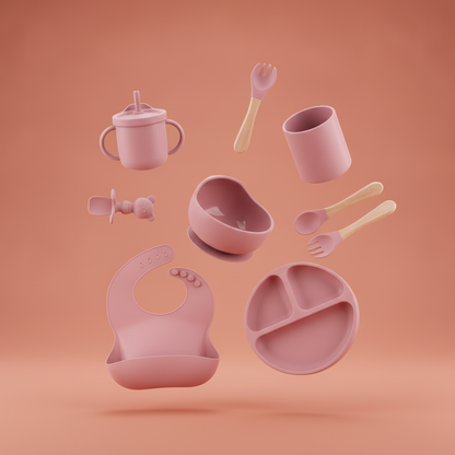 Baby Silicone Feeding Set with Bib, Plate, Bowl, and Utensils | Use the selected product image as the exact product identity and material reference, not as a composition to copy.